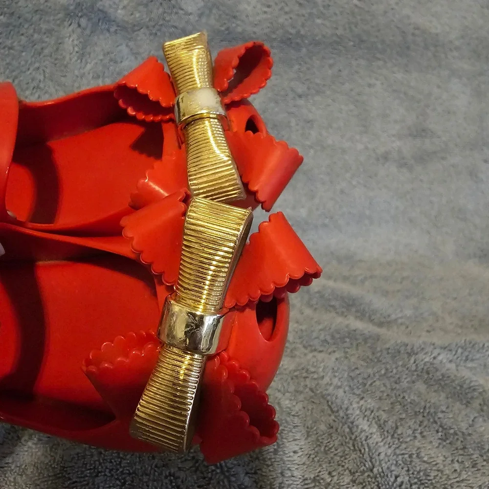 Mini Melissa Red Jelly Mary Jane Bow Shoes Gold Accents Toddler Size 7
